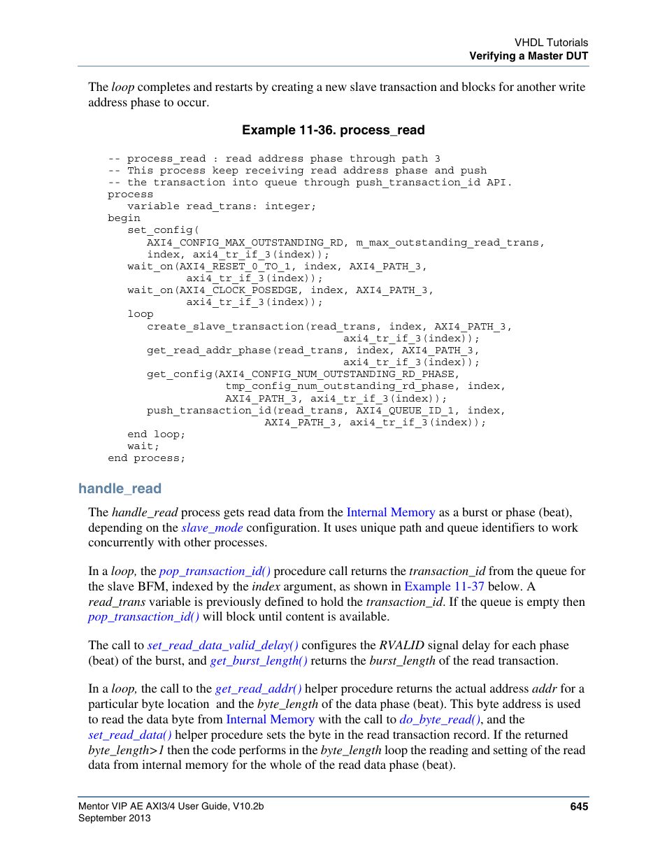 Handle_read, Example 11-36. process_read, Example 11-36 | Altera Mentor Verification IP Altera Edition AMBA AXI3/4TM User Manual | Page 665 / 783