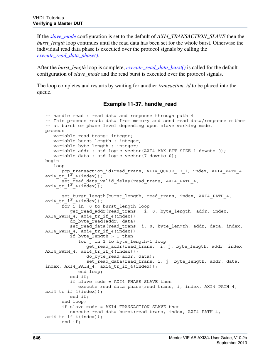 Example 11-37. handle_read, Example 11-37 | Altera Mentor Verification IP Altera Edition AMBA AXI3/4TM User Manual | Page 666 / 783