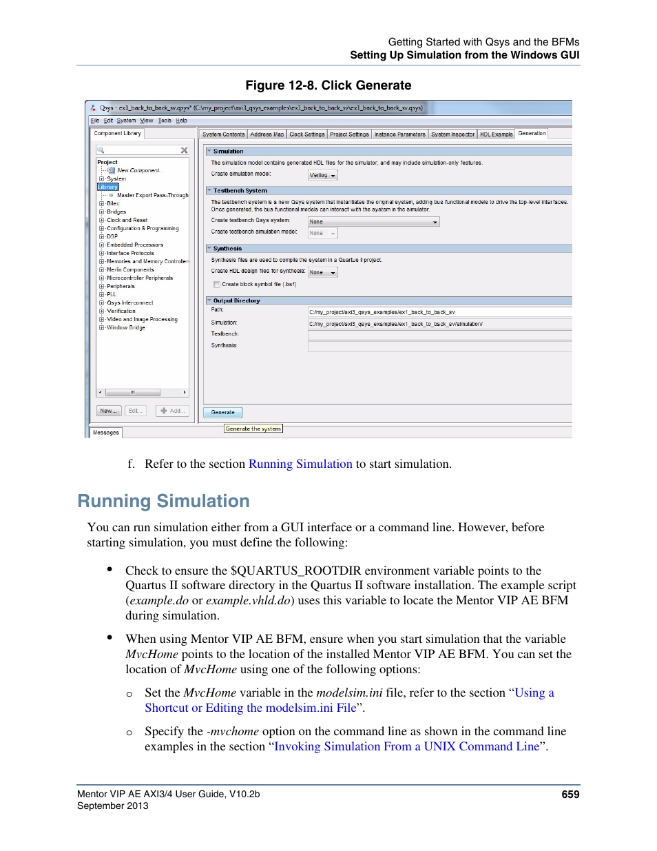 Running simulation, Figure 12-8. click generate, Figure 12-8 | Altera Mentor Verification IP Altera Edition AMBA AXI3/4TM User Manual | Page 679 / 783