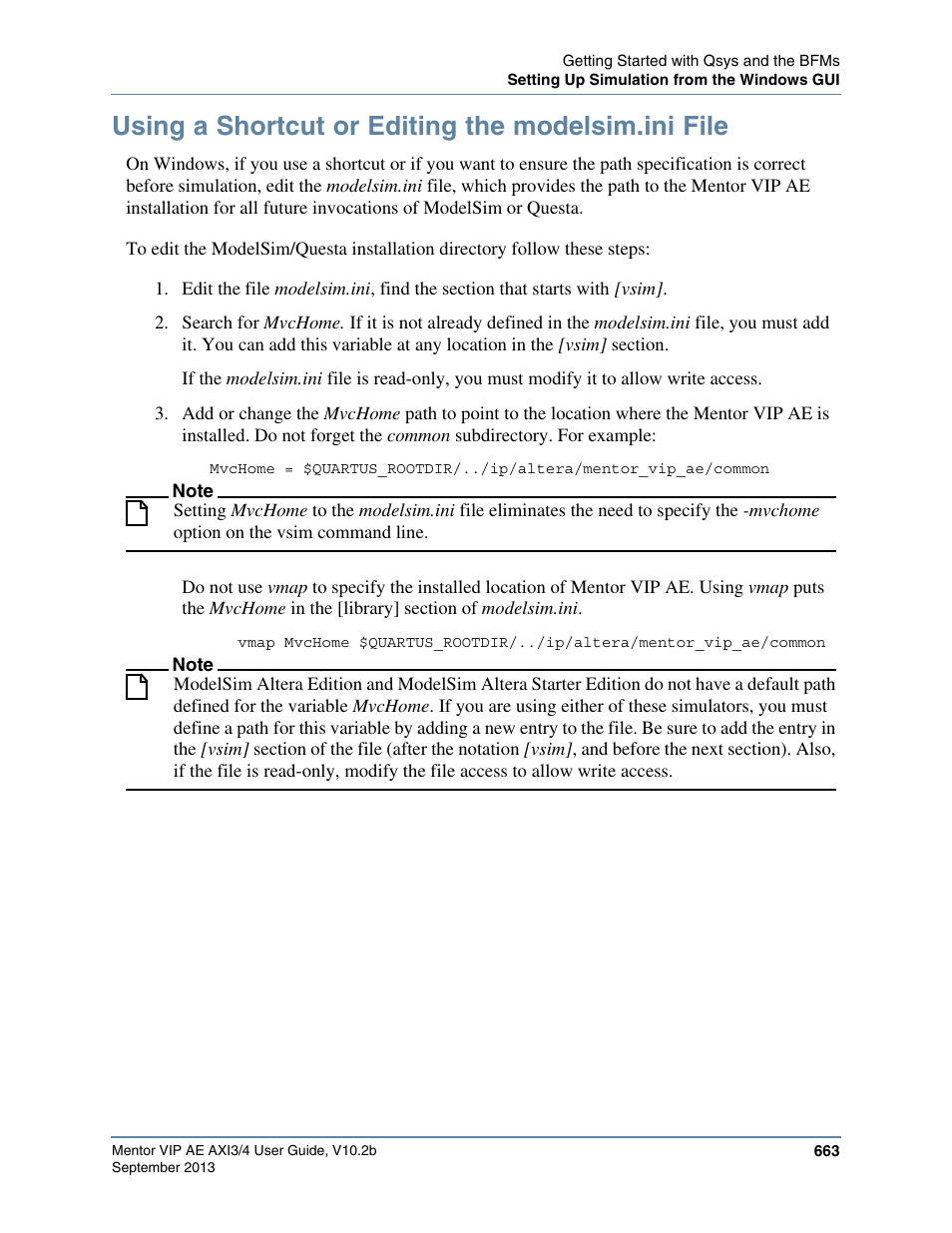 Using a shortcut or editing the modelsim.ini file, File, refer to the section, Using a | Shortcut or editing the modelsim.ini file | Altera Mentor Verification IP Altera Edition AMBA AXI3/4TM User Manual | Page 683 / 783