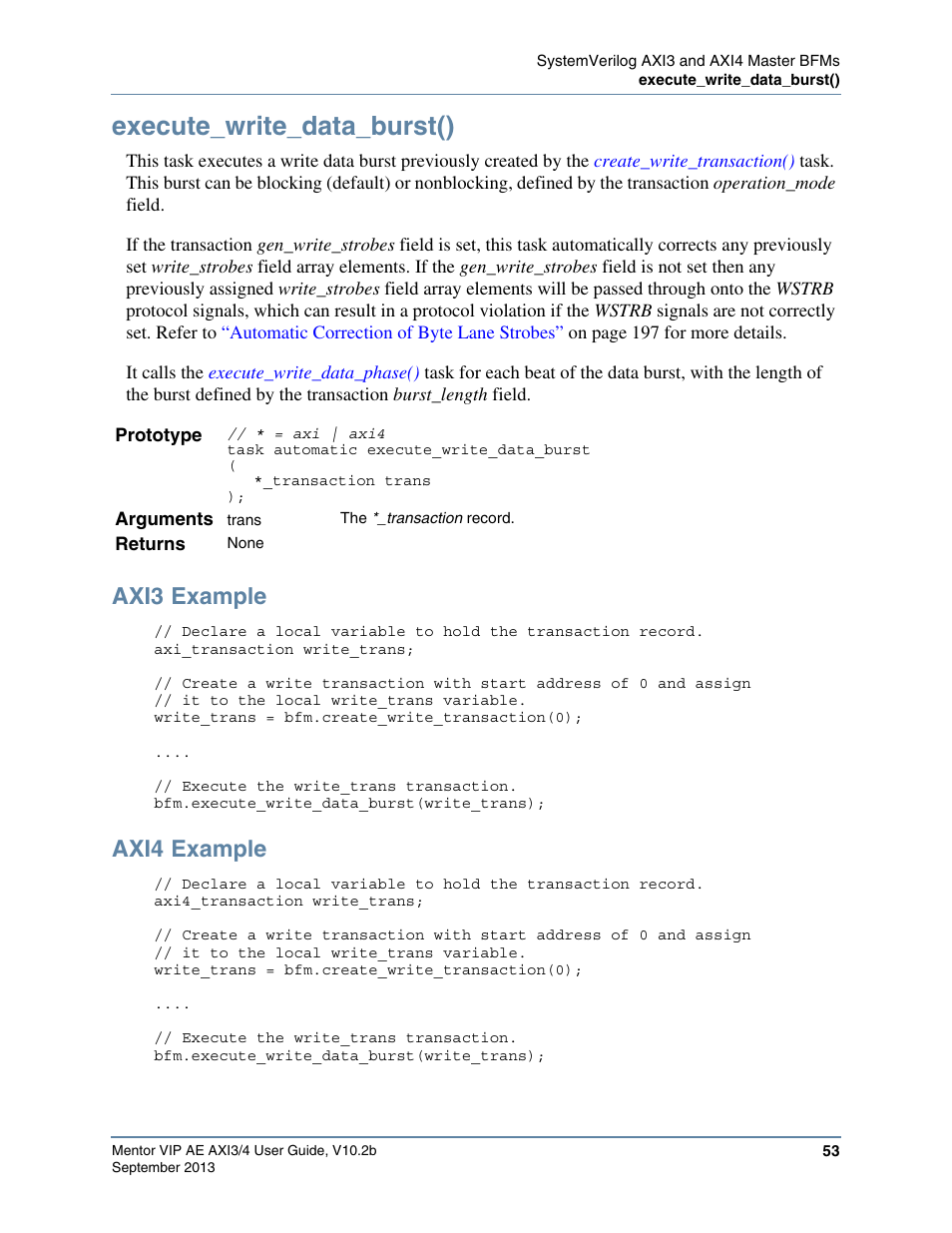 Execute_write_data_burst(), Axi3 example, Axi4 example | Tasks simultaneously, otherwise, Will be called after | Altera Mentor Verification IP Altera Edition AMBA AXI3/4TM User Manual | Page 71 / 783