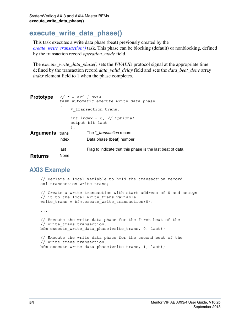 Execute_write_data_phase(), Axi3 example, Task for each beat of the da | Altera Mentor Verification IP Altera Edition AMBA AXI3/4TM User Manual | Page 72 / 783