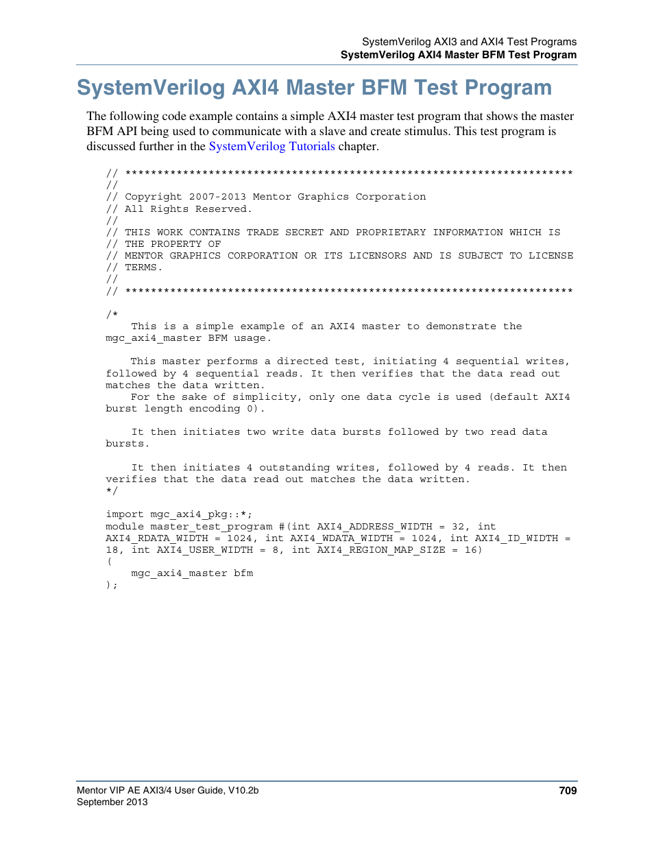 Systemverilog axi4 master bfm test program, Master test program, refer to, Systemverilog axi4 master | Bfm test program, For de, Systemverilog axi4 master bfm test, Program, Listing for details | Altera Mentor Verification IP Altera Edition AMBA AXI3/4TM User Manual | Page 729 / 783