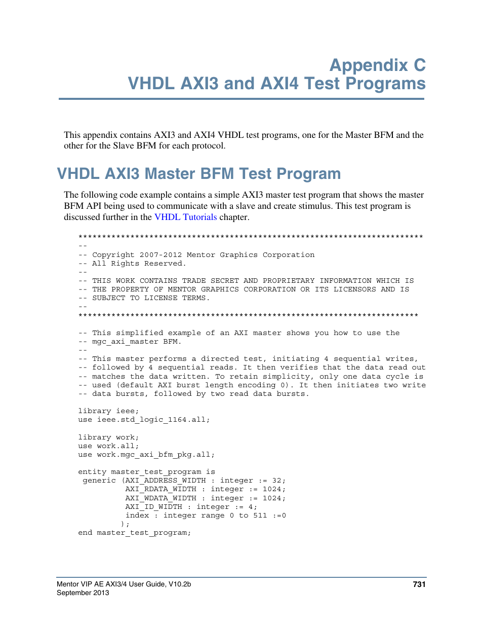 Appendix c vhdl axi3 and axi4 test programs, Vhdl axi3 master bfm test program, Vhdl axi3 master bfm | Test program, See the | Altera Mentor Verification IP Altera Edition AMBA AXI3/4TM User Manual | Page 751 / 783