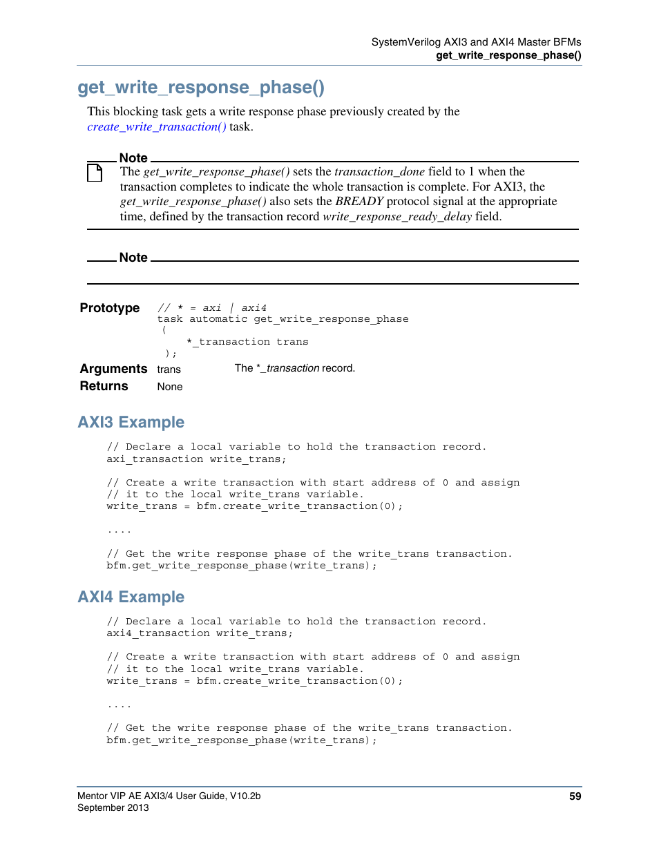 Get_write_response_phase(), Axi3 example, Axi4 example | Task to receive the resp, Ll the | Altera Mentor Verification IP Altera Edition AMBA AXI3/4TM User Manual | Page 77 / 783