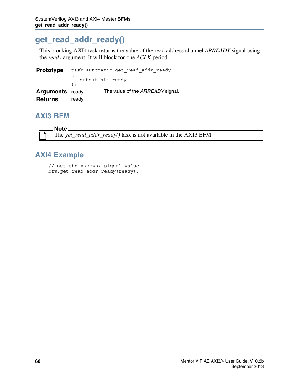Get_read_addr_ready(), Axi3 bfm, Axi4 example | Altera Mentor Verification IP Altera Edition AMBA AXI3/4TM User Manual | Page 78 / 783