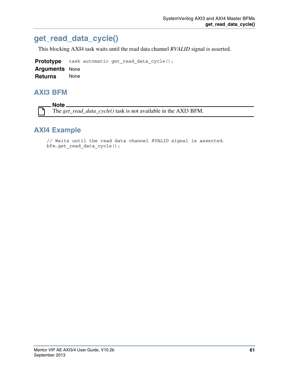 Get_read_data_cycle(), Axi3 bfm, Axi4 example | Altera Mentor Verification IP Altera Edition AMBA AXI3/4TM User Manual | Page 79 / 783