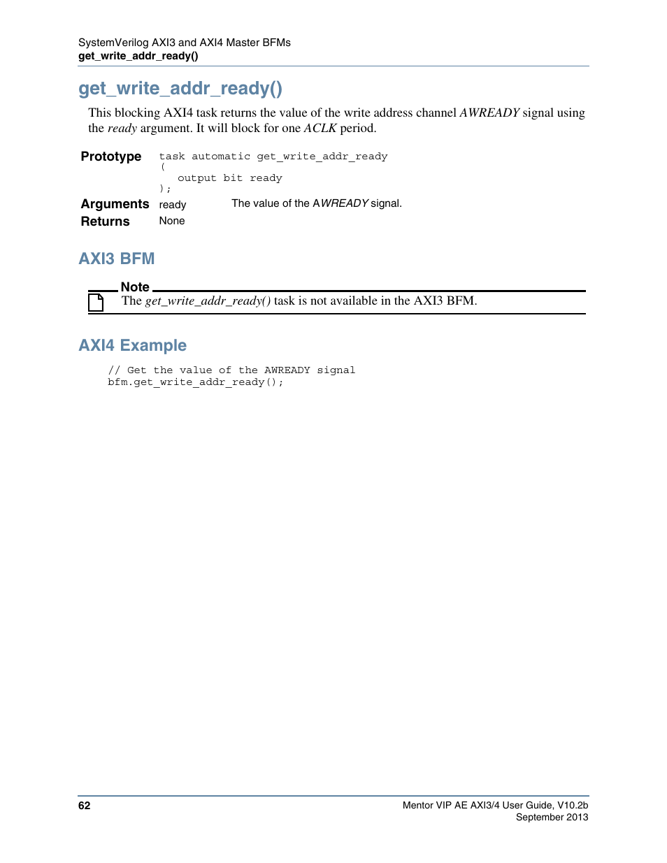 Get_write_addr_ready(), Axi3 bfm, Axi4 example | Altera Mentor Verification IP Altera Edition AMBA AXI3/4TM User Manual | Page 80 / 783