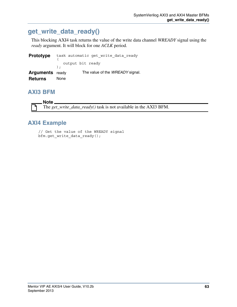 Get_write_data_ready(), Axi3 bfm, Axi4 example | Altera Mentor Verification IP Altera Edition AMBA AXI3/4TM User Manual | Page 81 / 783
