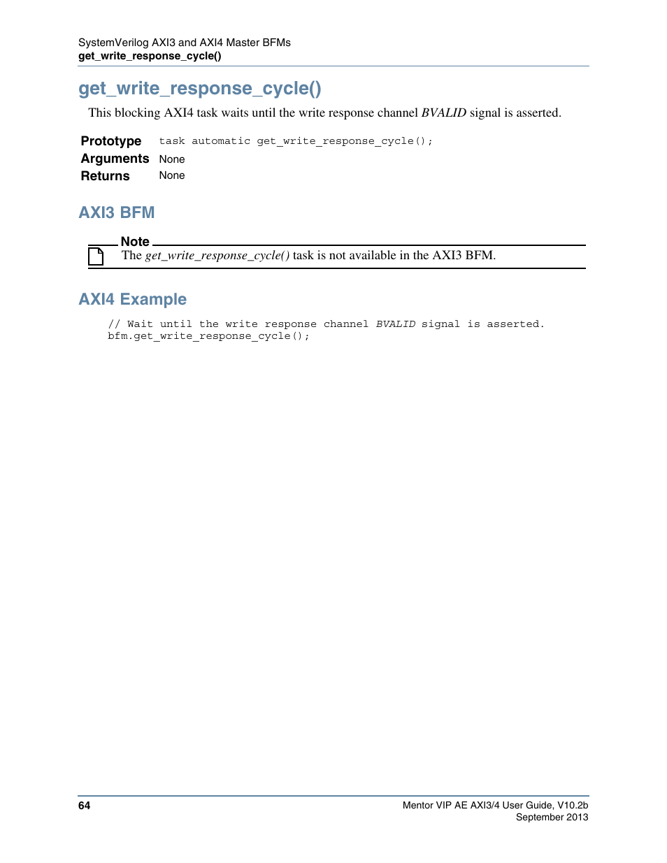 Get_write_response_cycle(), Axi3 bfm, Axi4 example | Altera Mentor Verification IP Altera Edition AMBA AXI3/4TM User Manual | Page 82 / 783