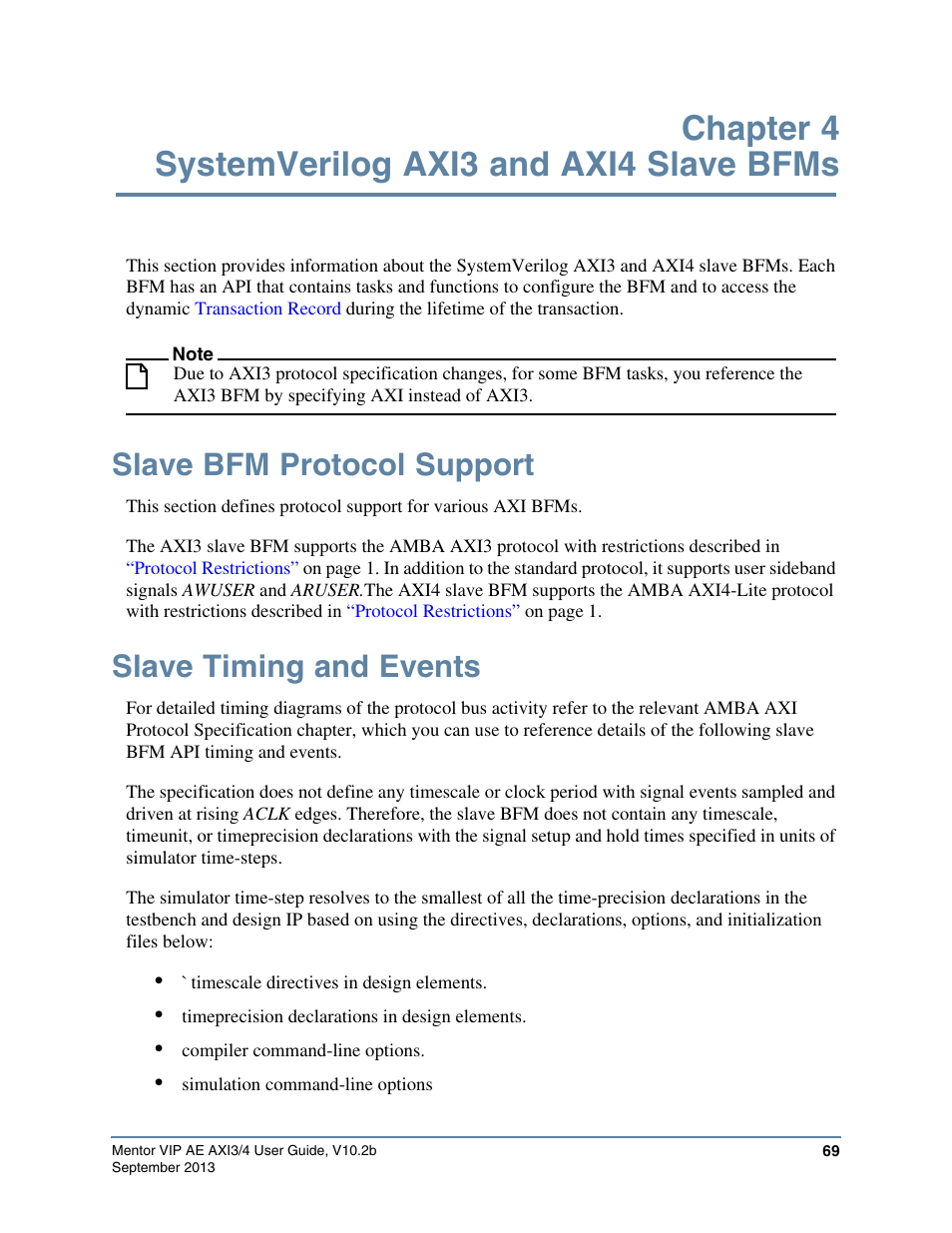 Chapter 4 systemverilog axi3 and axi4 slave bfms, Slave bfm protocol support, Slave timing and events | Altera Mentor Verification IP Altera Edition AMBA AXI3/4TM User Manual | Page 87 / 783