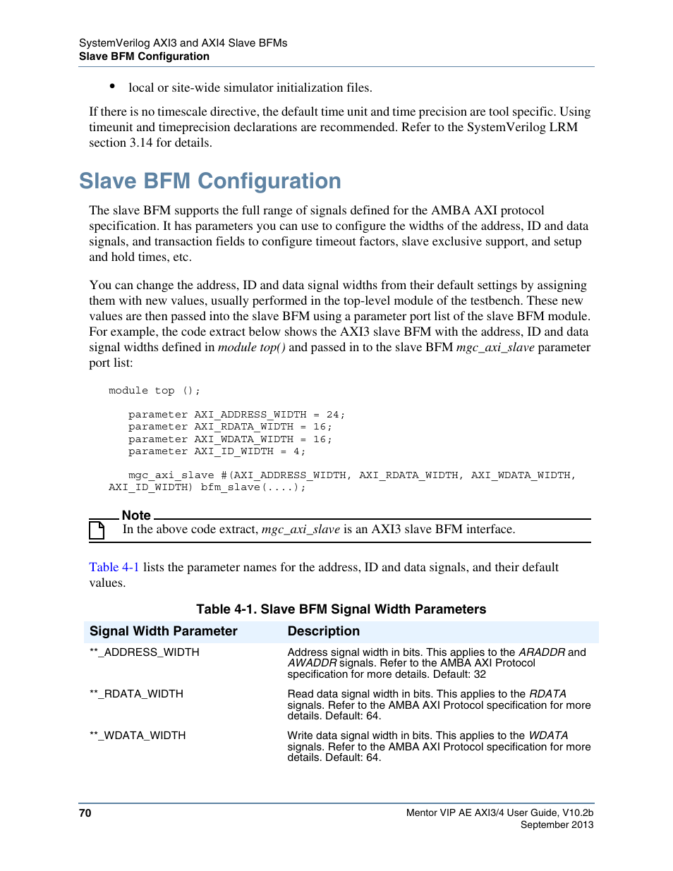 Slave bfm configuration, Table 4-1. slave bfm signal width parameters | Altera Mentor Verification IP Altera Edition AMBA AXI3/4TM User Manual | Page 88 / 783