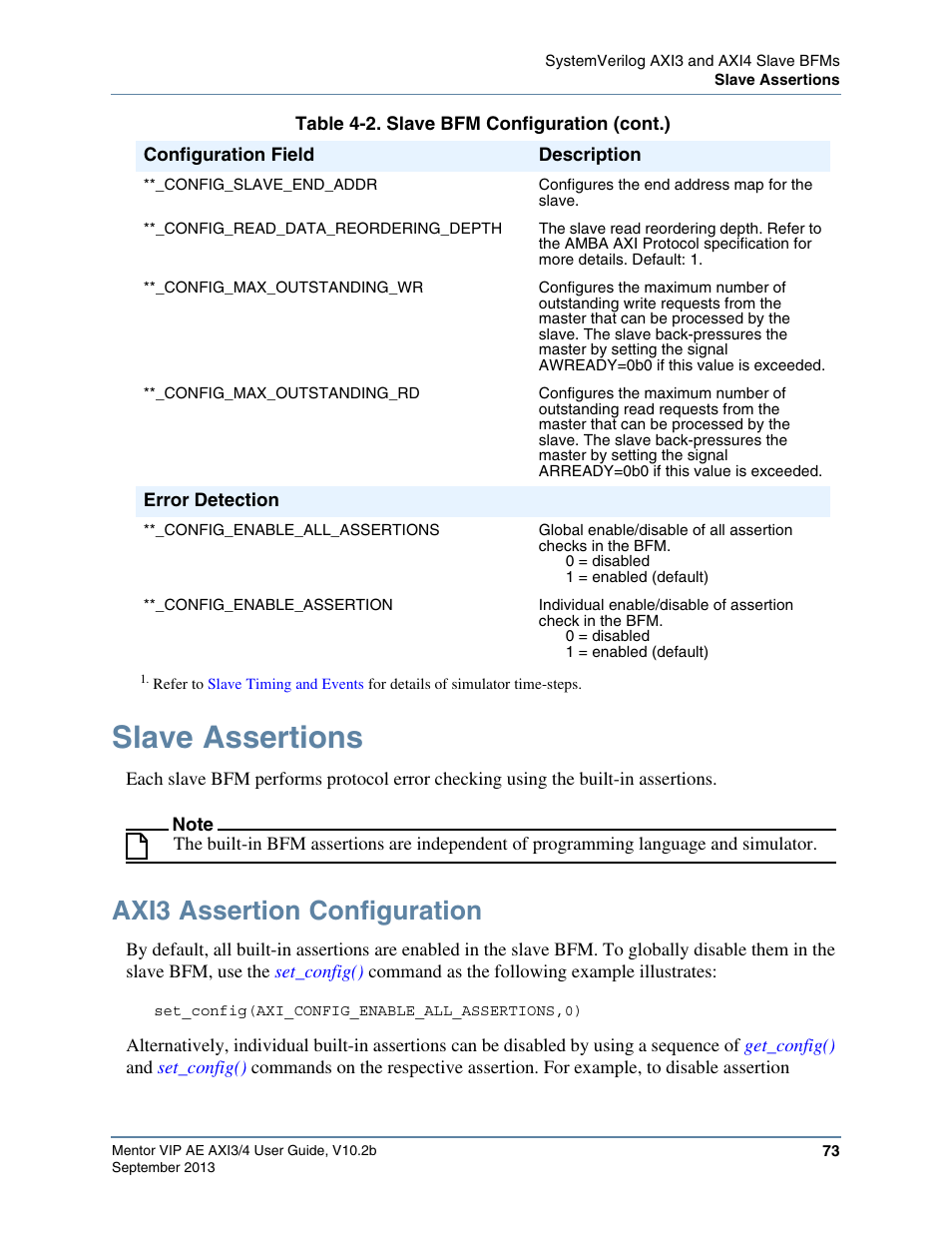 Slave assertions, Axi3 assertion configuration | Altera Mentor Verification IP Altera Edition AMBA AXI3/4TM User Manual | Page 91 / 783