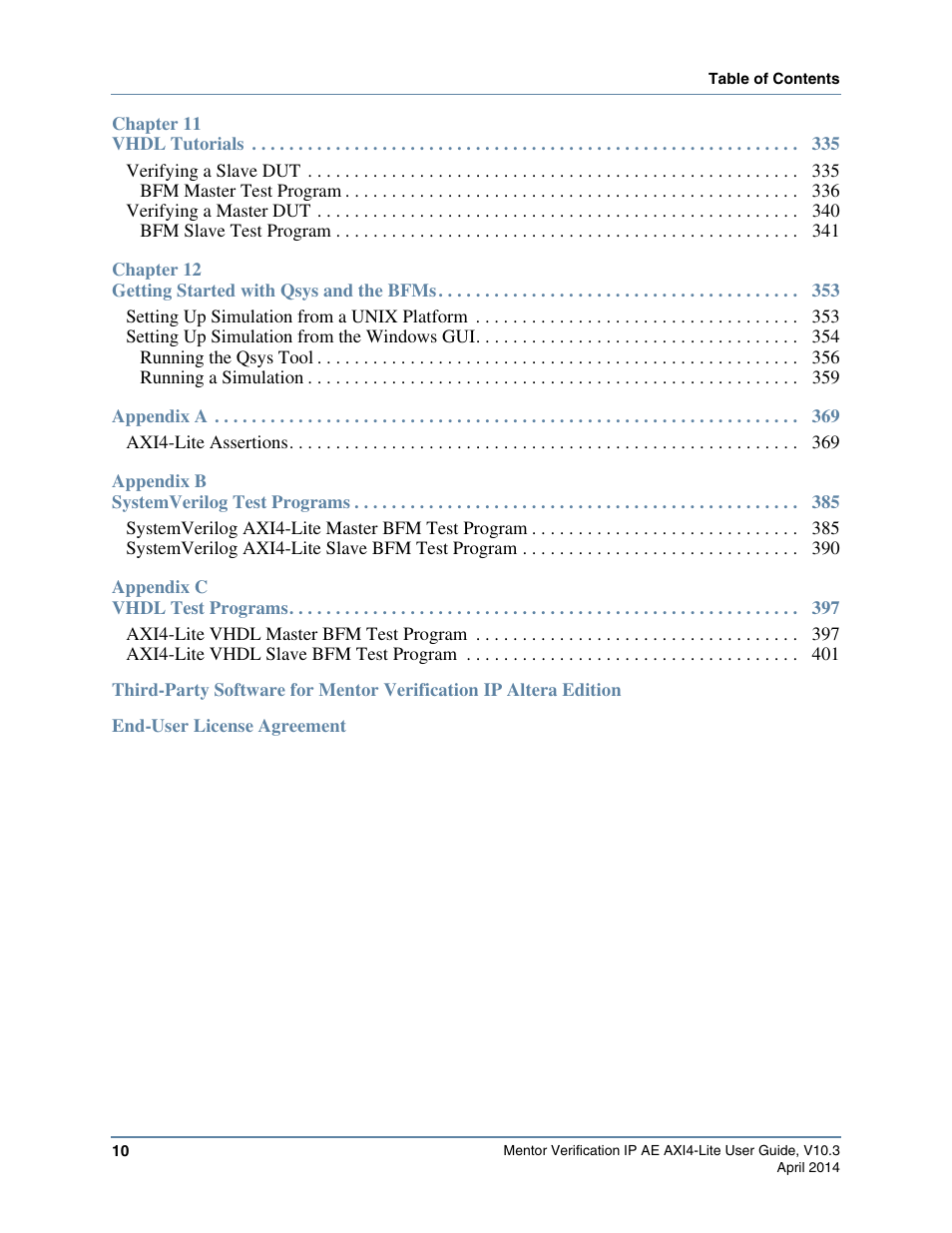 Altera Mentor Verification IP Altera Edition AMBA AXI4-Lite User Manual | Page 10 / 413