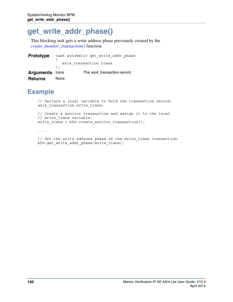 Get_write_addr_phase(), Example | Altera Mentor Verification IP Altera Edition AMBA AXI4-Lite User Manual | Page 100 / 413