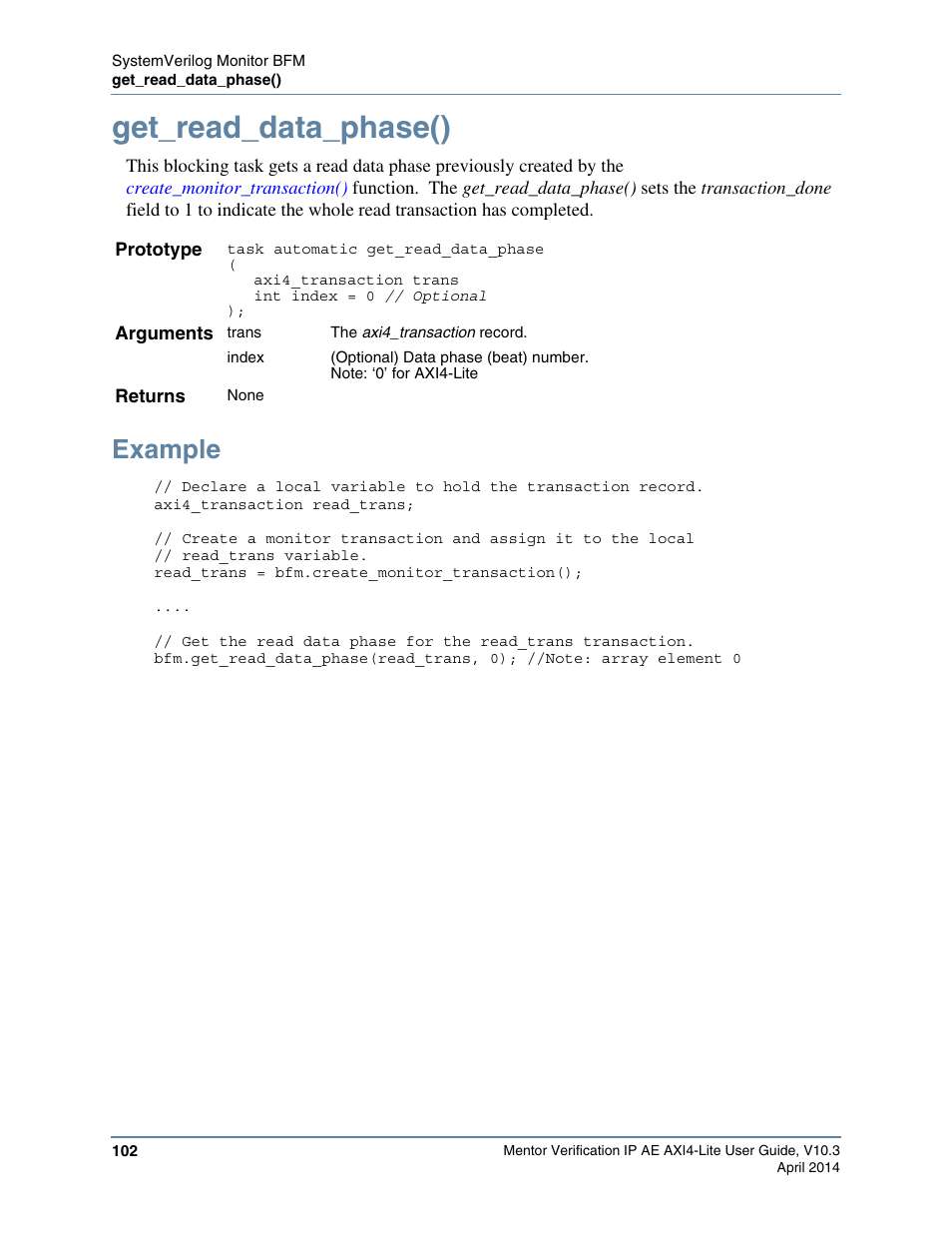 Get_read_data_phase(), Example | Altera Mentor Verification IP Altera Edition AMBA AXI4-Lite User Manual | Page 102 / 413