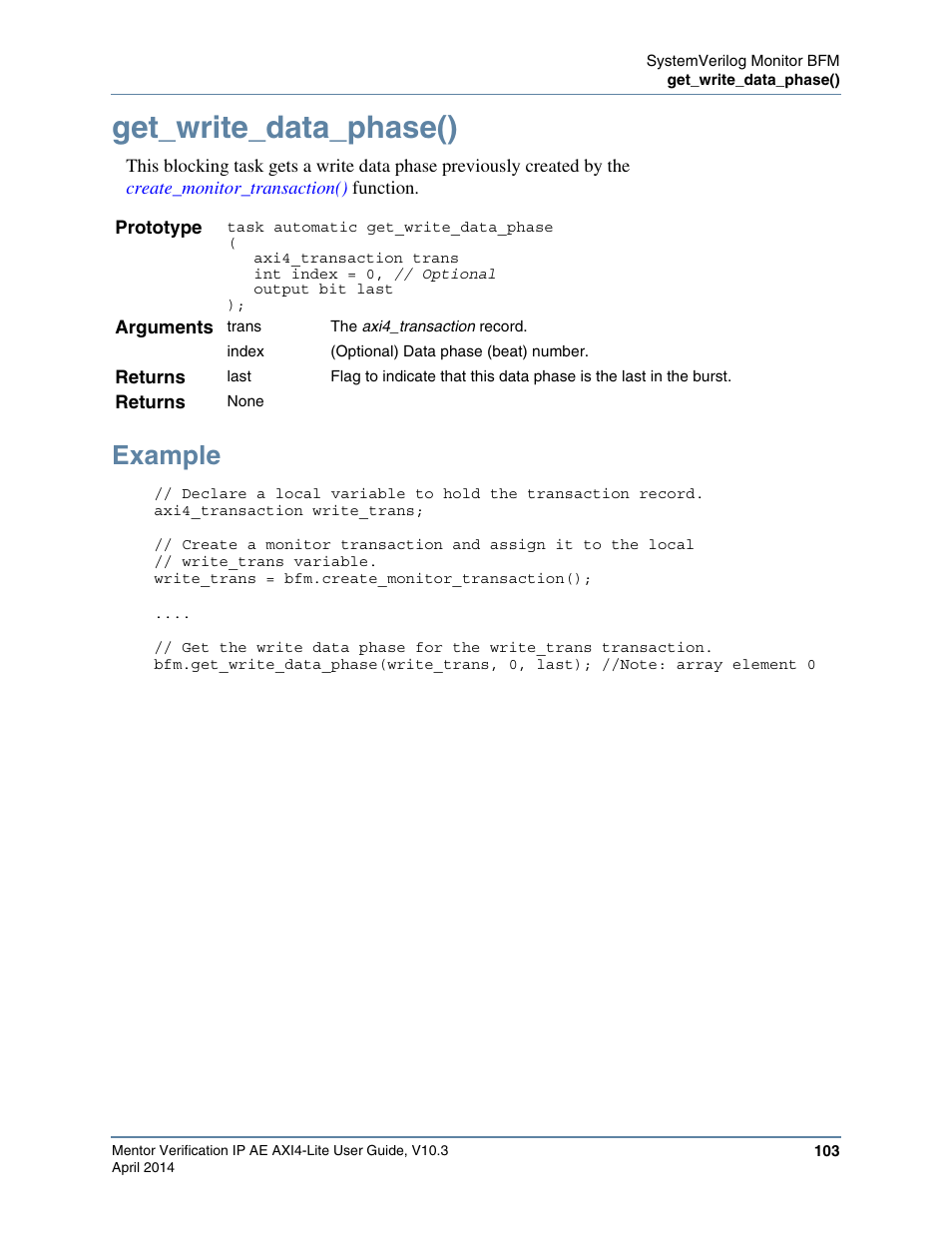 Get_write_data_phase(), Example | Altera Mentor Verification IP Altera Edition AMBA AXI4-Lite User Manual | Page 103 / 413