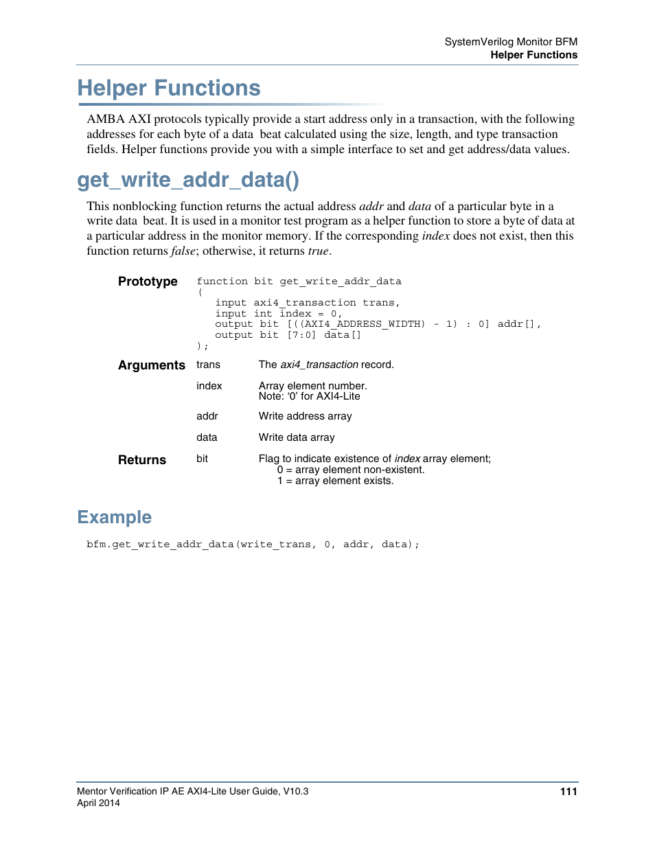 Helper functions, Get_write_addr_data(), Example | Altera Mentor Verification IP Altera Edition AMBA AXI4-Lite User Manual | Page 111 / 413