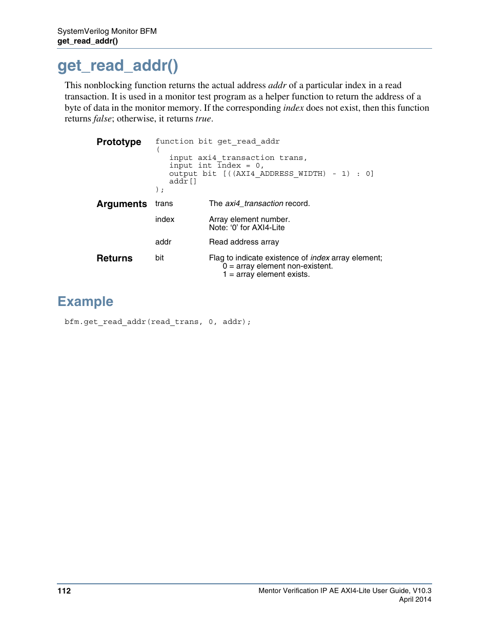 Get_read_addr(), Example | Altera Mentor Verification IP Altera Edition AMBA AXI4-Lite User Manual | Page 112 / 413