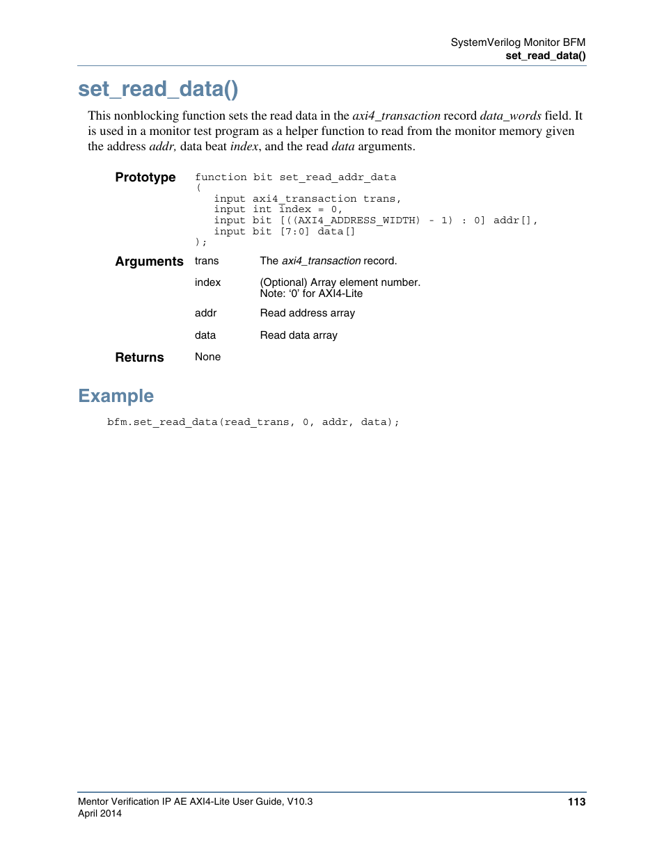 Set_read_data(), Example | Altera Mentor Verification IP Altera Edition AMBA AXI4-Lite User Manual | Page 113 / 413