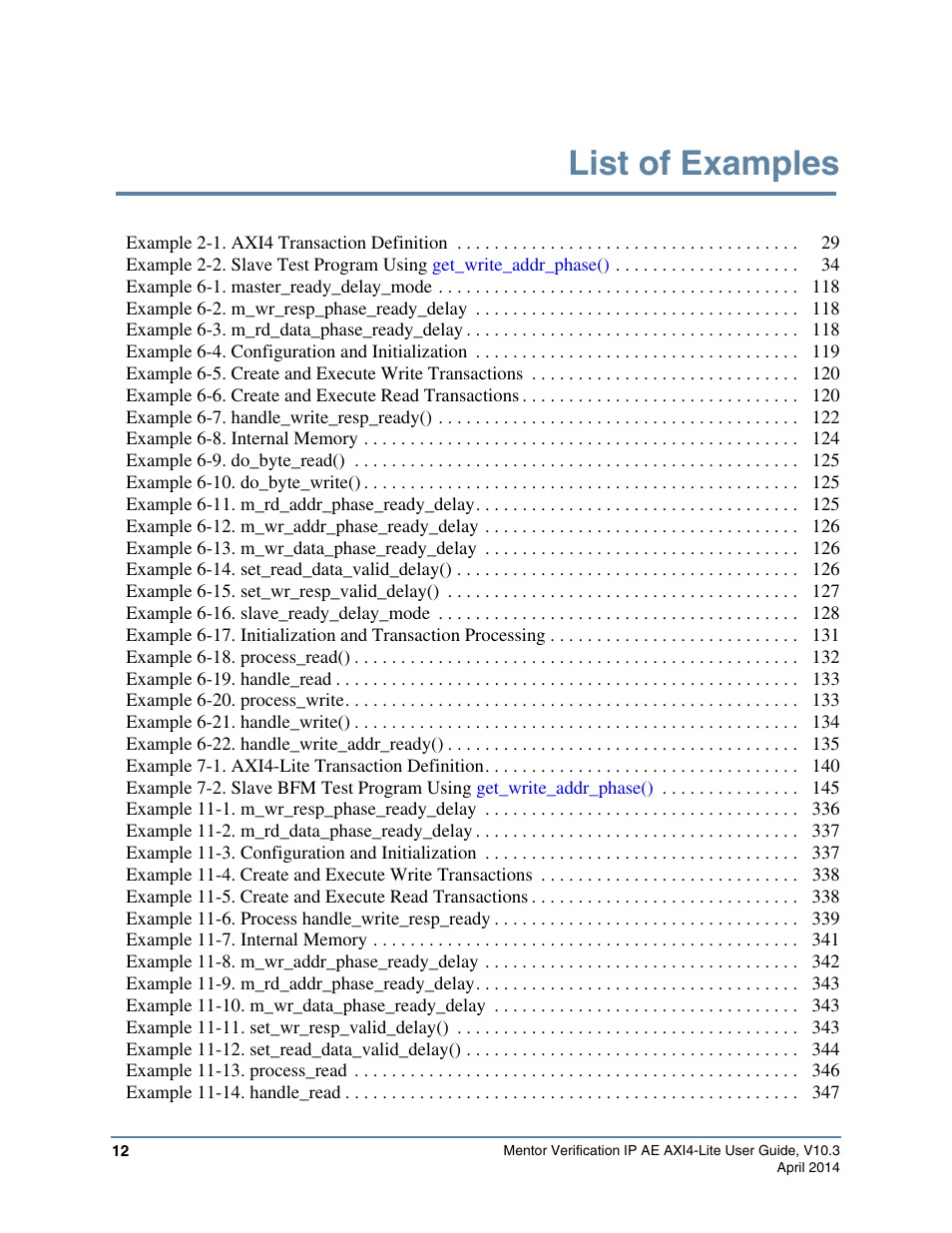 List of examples | Altera Mentor Verification IP Altera Edition AMBA AXI4-Lite User Manual | Page 12 / 413