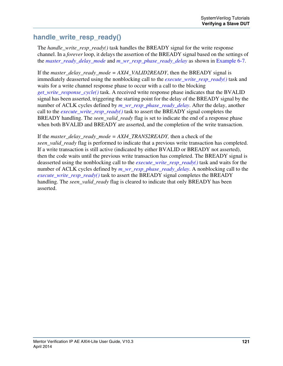 Handle_write_resp_ready(), Tasks | Altera Mentor Verification IP Altera Edition AMBA AXI4-Lite User Manual | Page 121 / 413