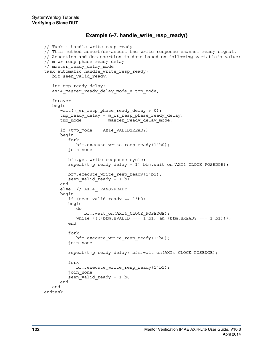 Example 6-7. handle_write_resp_ready(), Example 6-7 | Altera Mentor Verification IP Altera Edition AMBA AXI4-Lite User Manual | Page 122 / 413