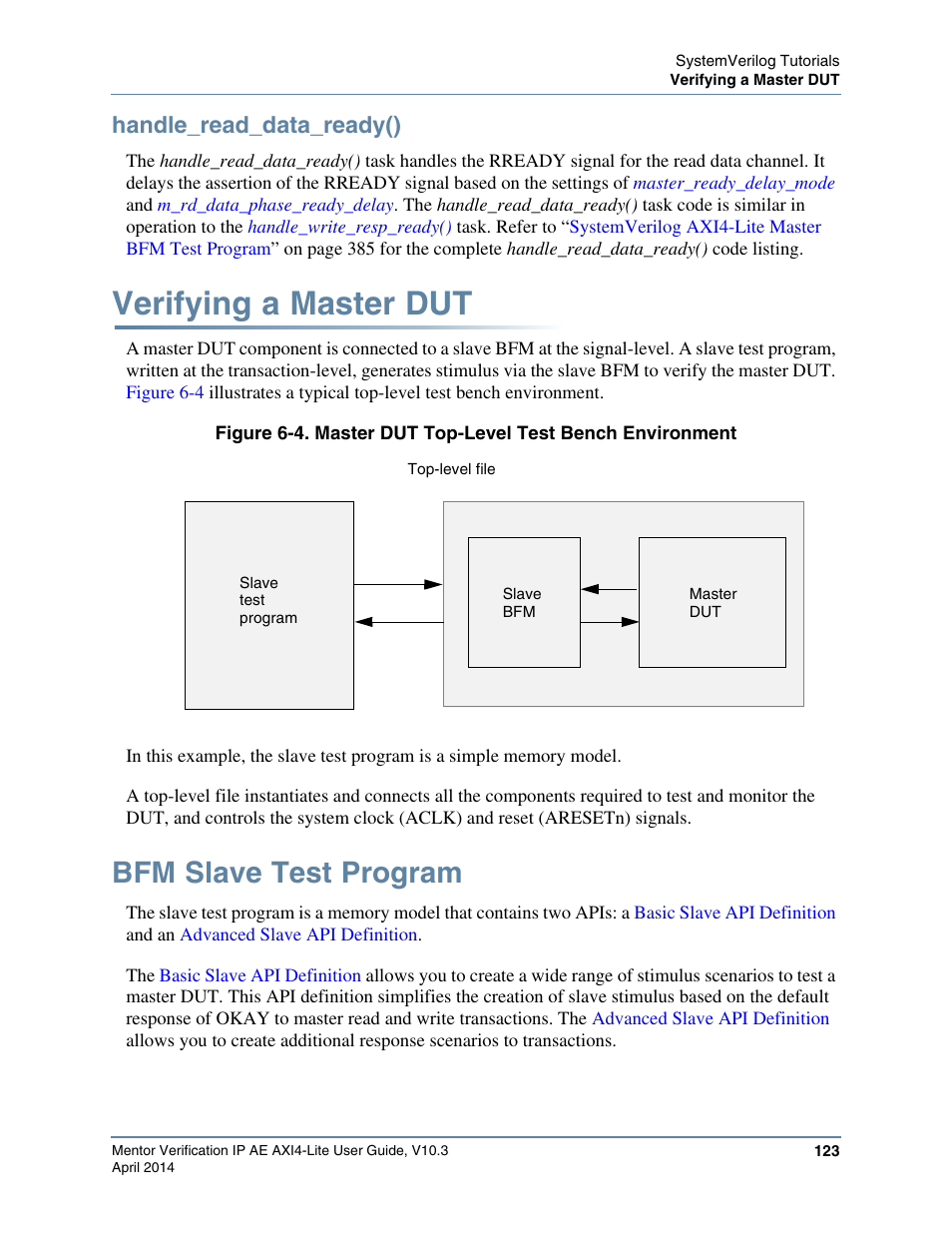 Handle_read_data_ready(), Verifying a master dut, Bfm slave test program | Altera Mentor Verification IP Altera Edition AMBA AXI4-Lite User Manual | Page 123 / 413