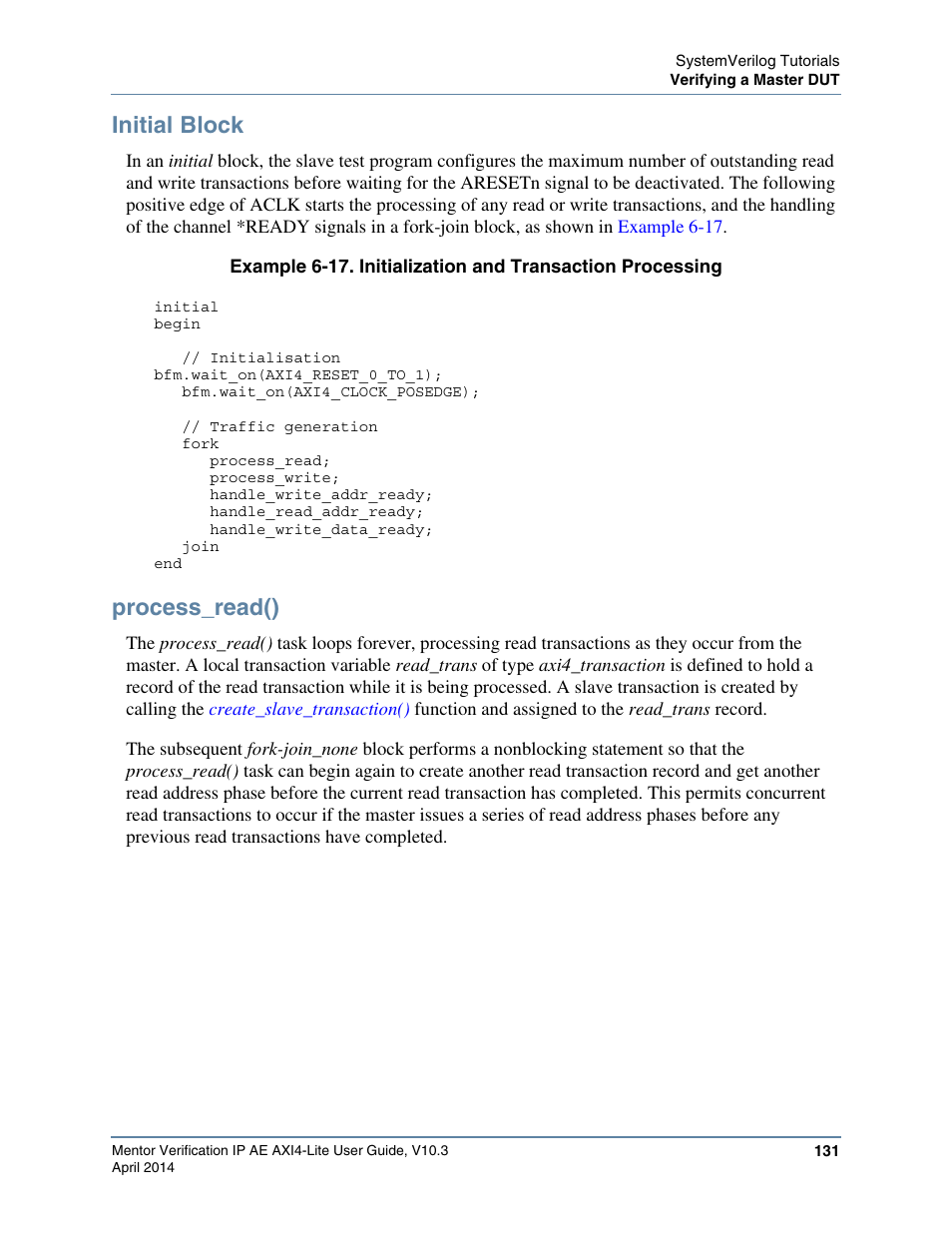 Initial block, Process_read(), Ts of four main tasks | Altera Mentor Verification IP Altera Edition AMBA AXI4-Lite User Manual | Page 131 / 413