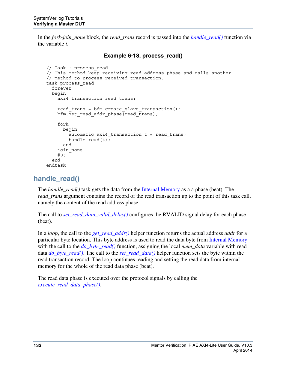 Handle_read(), Example 6-18. process_read() | Altera Mentor Verification IP Altera Edition AMBA AXI4-Lite User Manual | Page 132 / 413