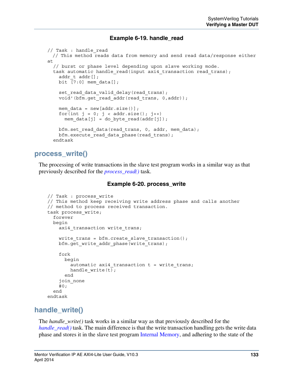 Process_write(), Handle_write() | Altera Mentor Verification IP Altera Edition AMBA AXI4-Lite User Manual | Page 133 / 413