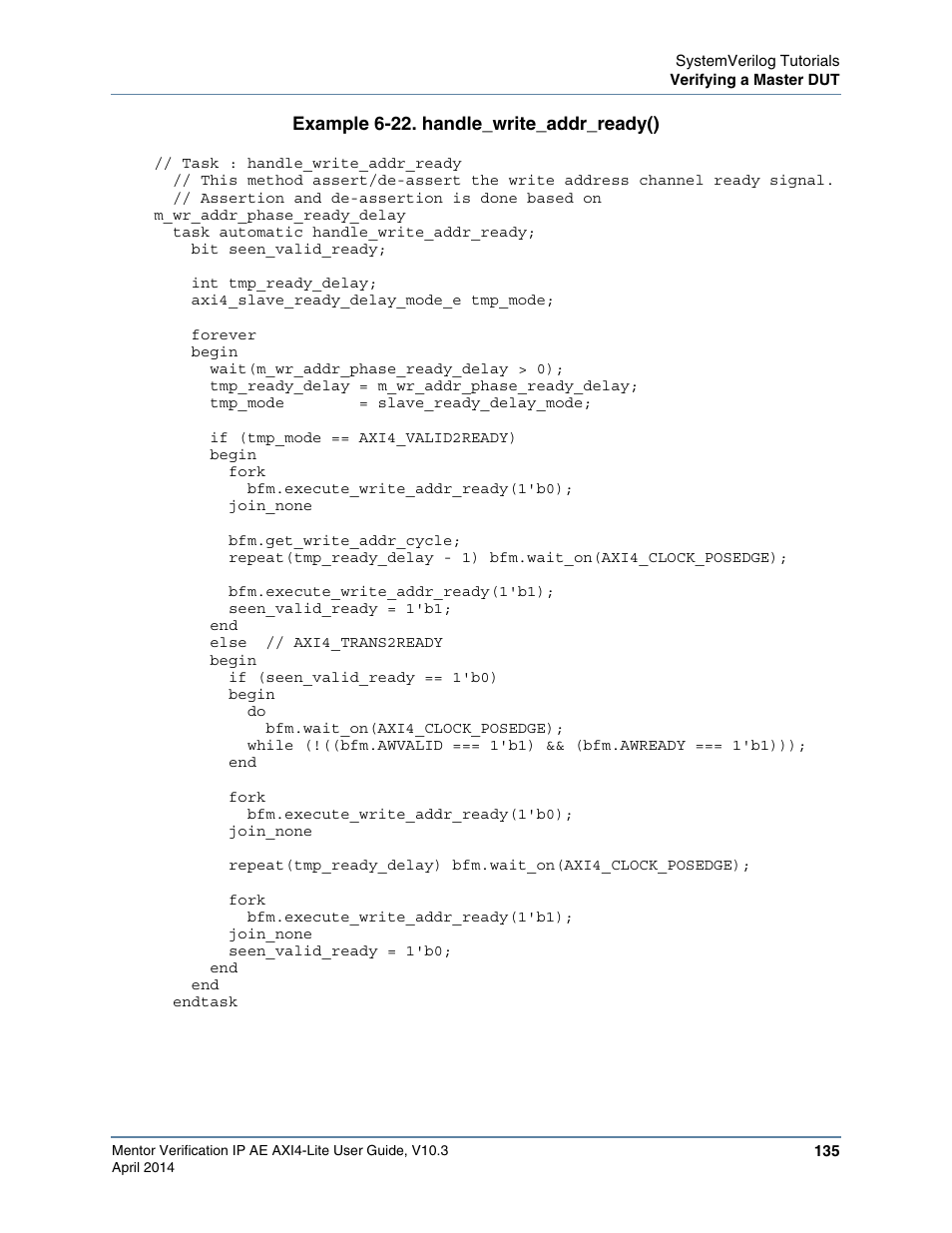 Example 6-22. handle_write_addr_ready(), Example 6-22 | Altera Mentor Verification IP Altera Edition AMBA AXI4-Lite User Manual | Page 135 / 413