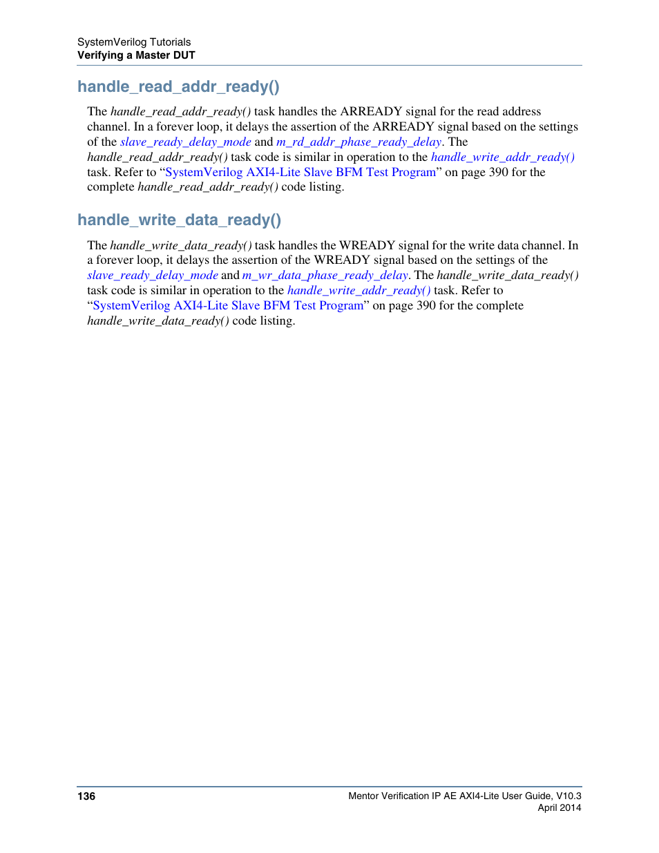 Handle_read_addr_ready(), Handle_write_data_ready(), Task | Altera Mentor Verification IP Altera Edition AMBA AXI4-Lite User Manual | Page 136 / 413