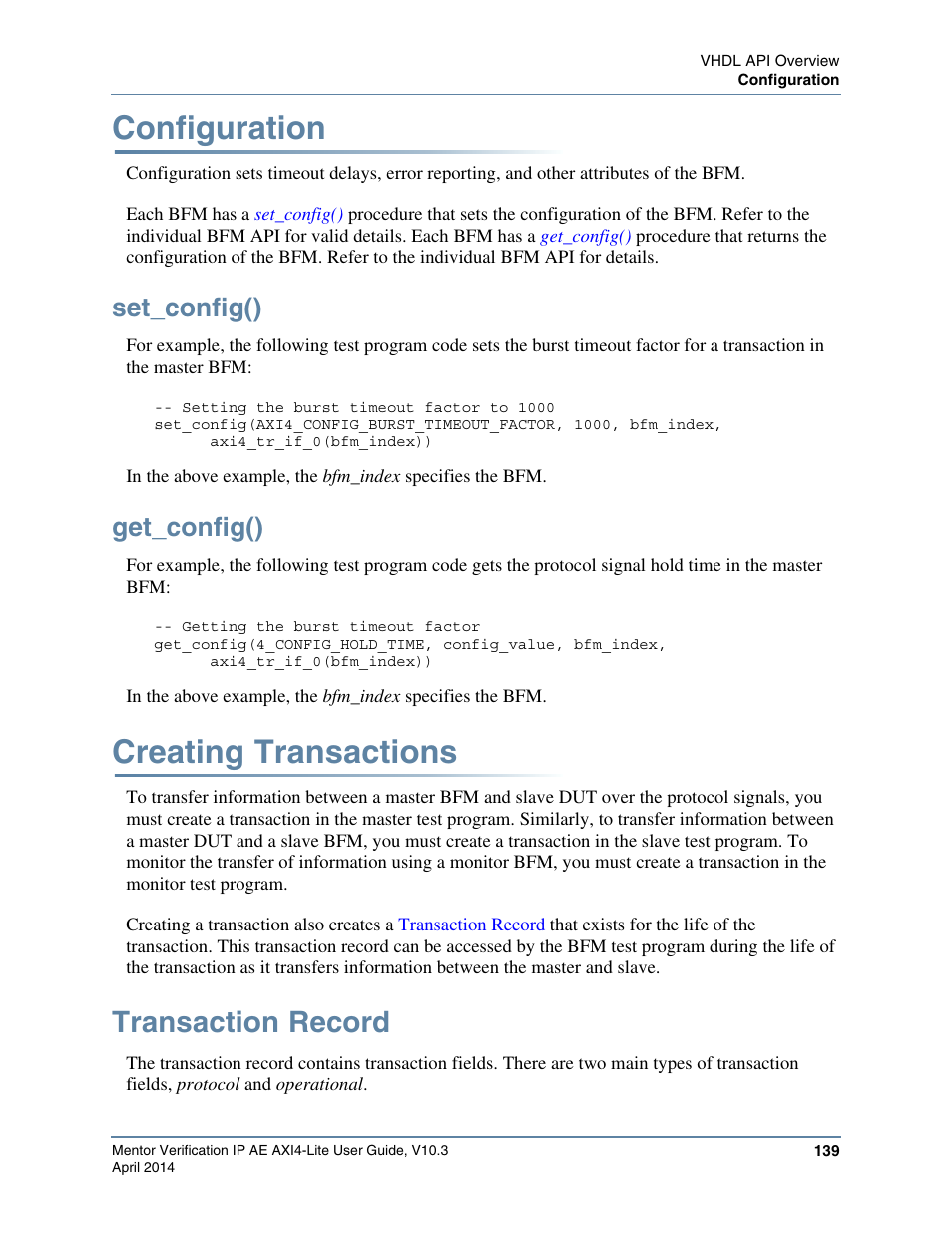 Configuration, Set_config(), Get_config() | Creating transactions, Transaction record, Configuration creating transactions | Altera Mentor Verification IP Altera Edition AMBA AXI4-Lite User Manual | Page 139 / 413