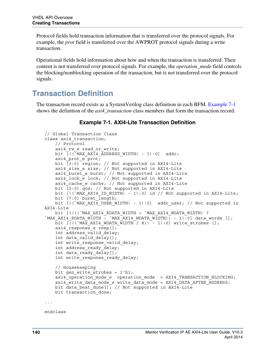 Transaction definition, Example 7-1. axi4-lite transaction definition | Altera Mentor Verification IP Altera Edition AMBA AXI4-Lite User Manual | Page 140 / 413