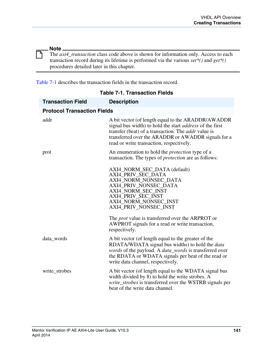 Table 7-1. transaction fields | Altera Mentor Verification IP Altera Edition AMBA AXI4-Lite User Manual | Page 141 / 413