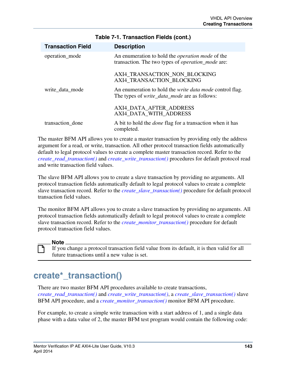 Create*_transaction() | Altera Mentor Verification IP Altera Edition AMBA AXI4-Lite User Manual | Page 143 / 413