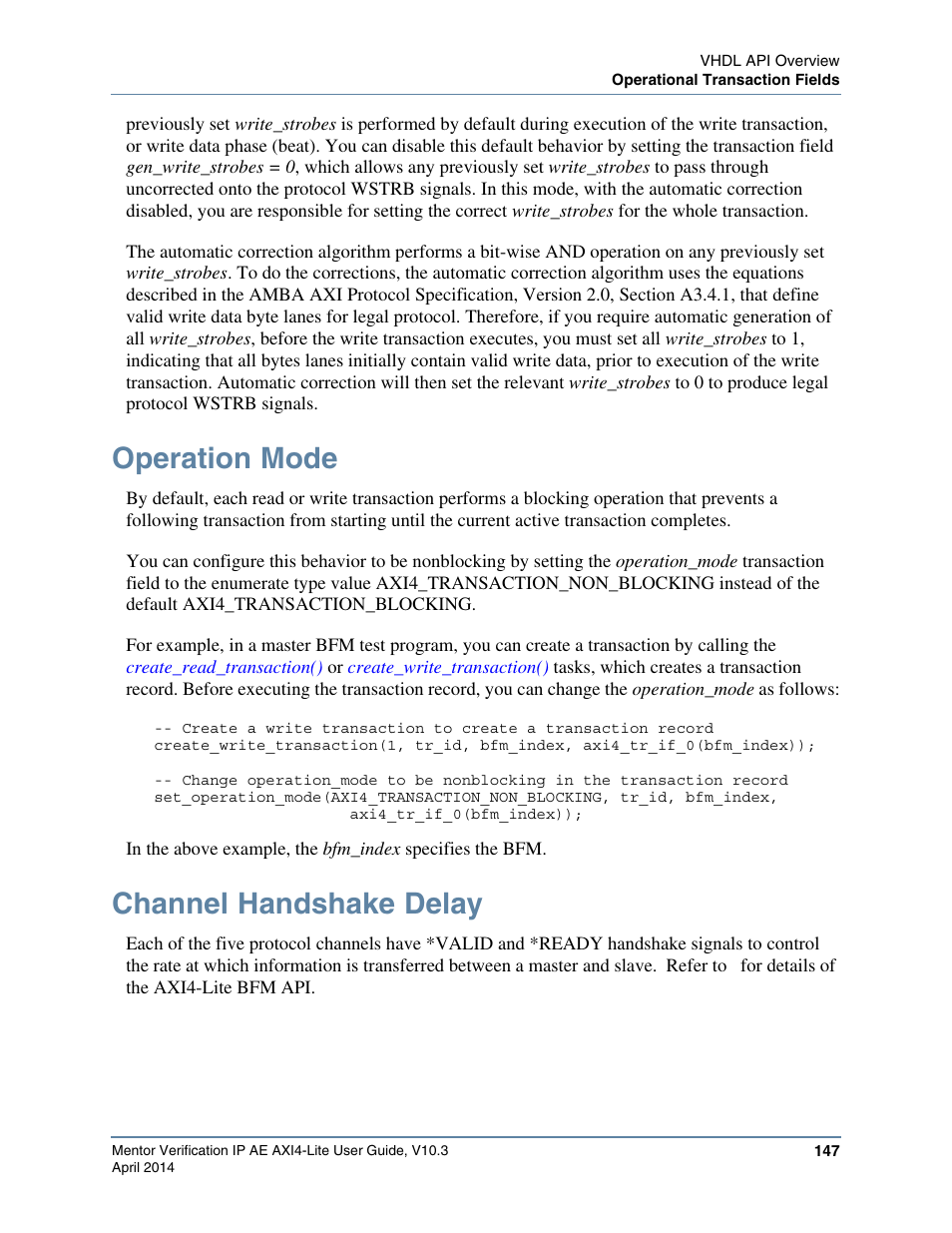 Operation mode, Channel handshake delay, Operation mode channel handshake delay | Altera Mentor Verification IP Altera Edition AMBA AXI4-Lite User Manual | Page 147 / 413