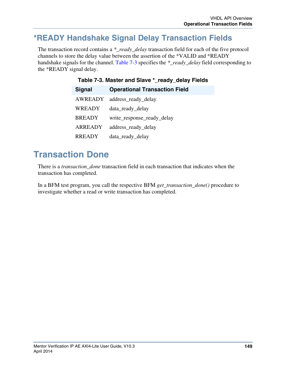 Ready handshake signal delay transaction fields, Transaction done, Table 7-3. master and slave *_ready_delay fields | Altera Mentor Verification IP Altera Edition AMBA AXI4-Lite User Manual | Page 149 / 413