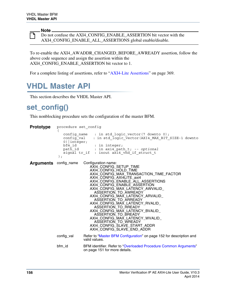 Vhdl master api, Set_config(), Command as the follow | Altera Mentor Verification IP Altera Edition AMBA AXI4-Lite User Manual | Page 156 / 413