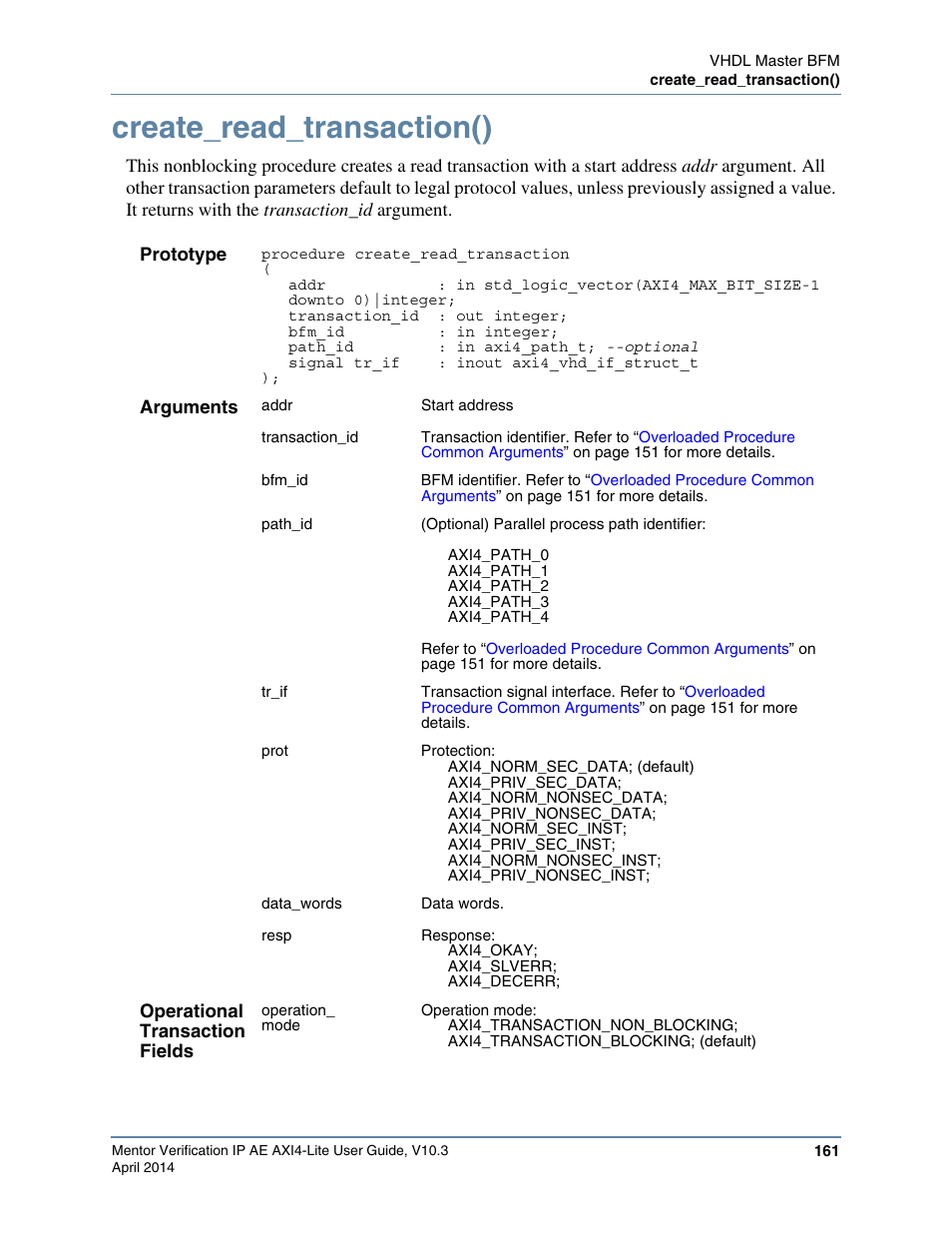 Create_read_transaction() | Altera Mentor Verification IP Altera Edition AMBA AXI4-Lite User Manual | Page 161 / 413