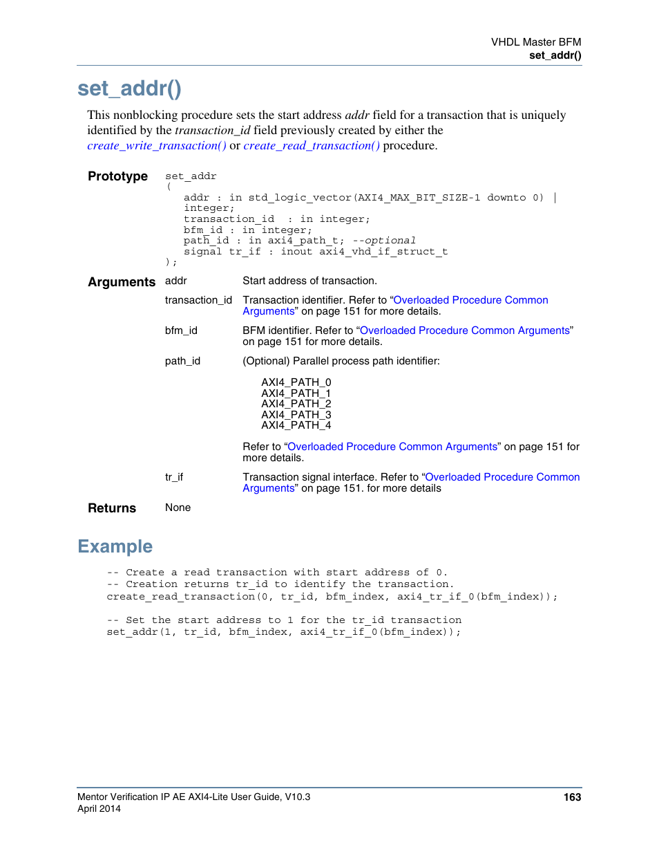 Set_addr(), Example | Altera Mentor Verification IP Altera Edition AMBA AXI4-Lite User Manual | Page 163 / 413