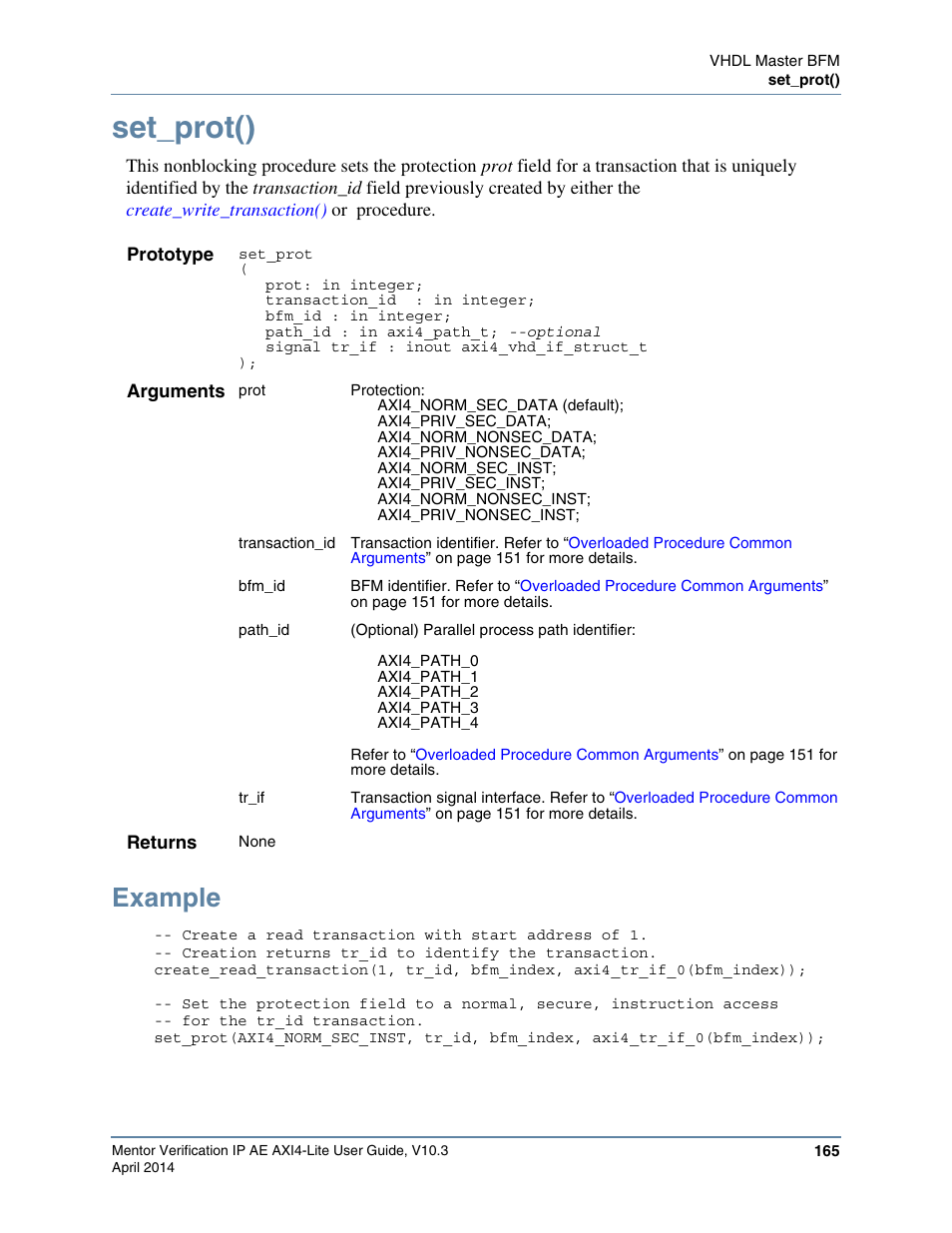 Set_prot(), Example | Altera Mentor Verification IP Altera Edition AMBA AXI4-Lite User Manual | Page 165 / 413