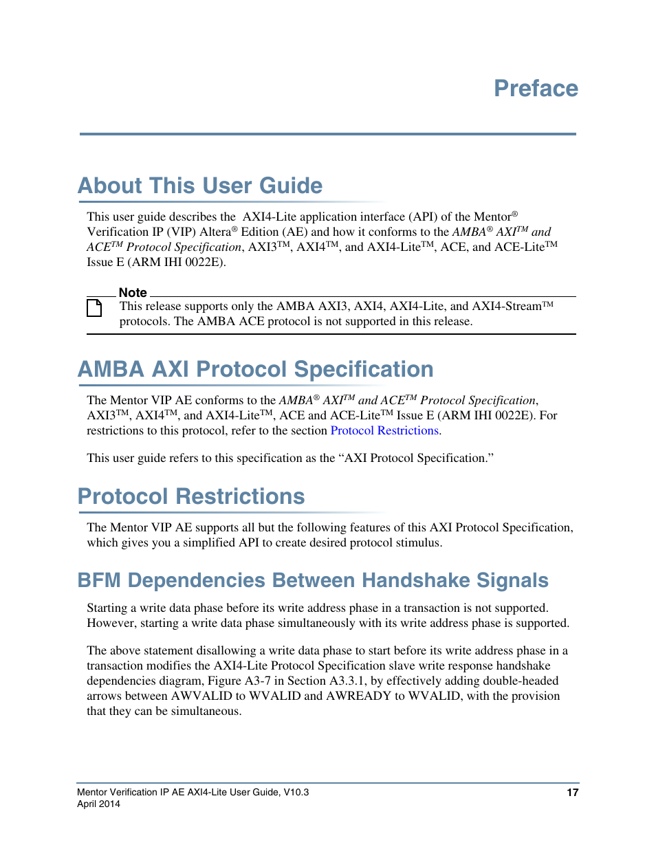 Preface, About this user guide, Amba axi protocol specification | Protocol restrictions, Bfm dependencies between handshake signals | Altera Mentor Verification IP Altera Edition AMBA AXI4-Lite User Manual | Page 17 / 413