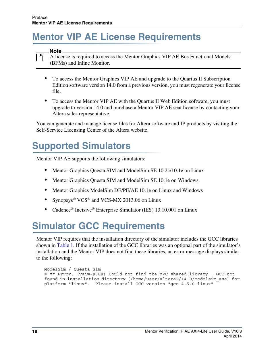 Mentor vip ae license requirements, Supported simulators, Simulator gcc requirements | Altera Mentor Verification IP Altera Edition AMBA AXI4-Lite User Manual | Page 18 / 413