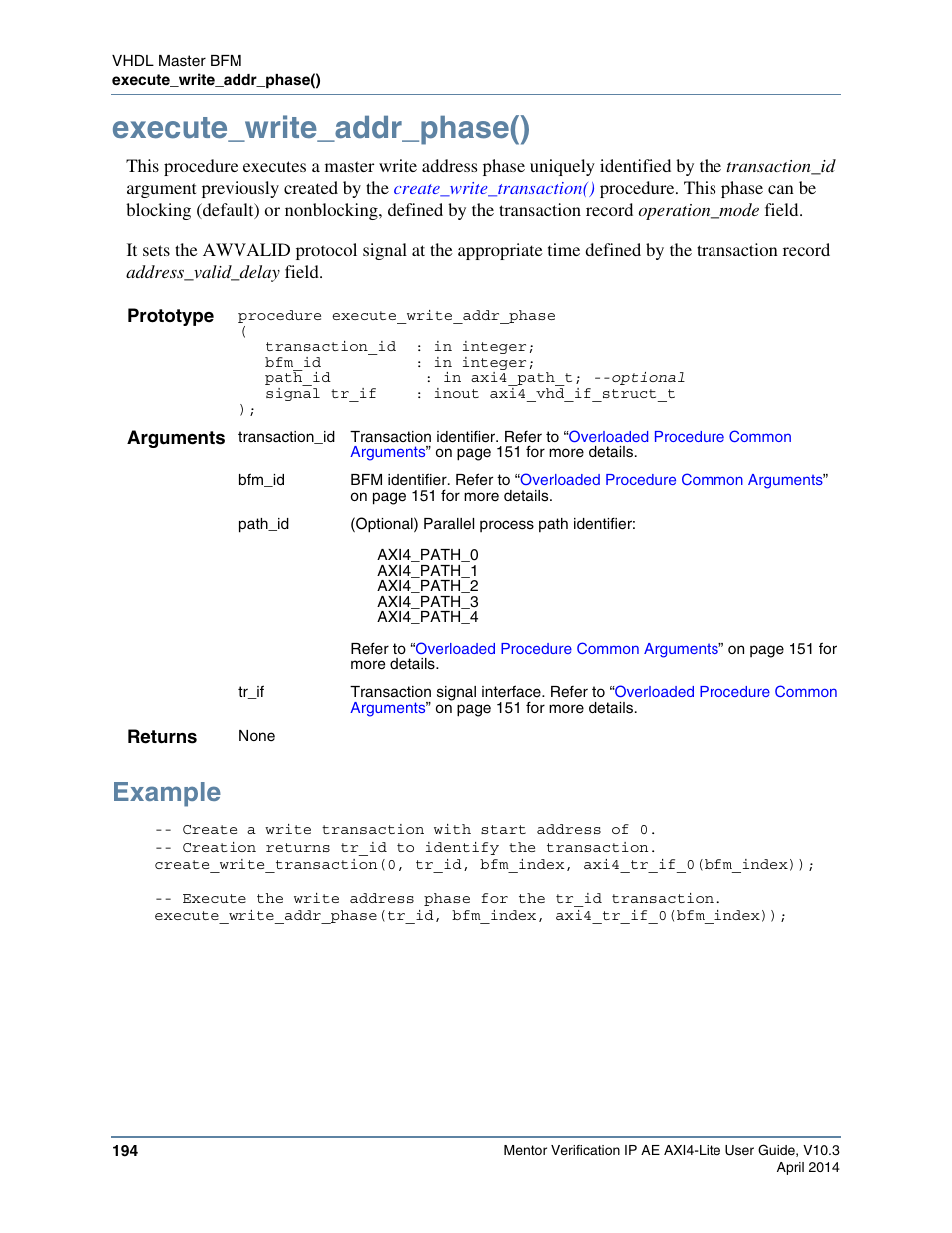 Execute_write_addr_phase(), Example | Altera Mentor Verification IP Altera Edition AMBA AXI4-Lite User Manual | Page 194 / 413