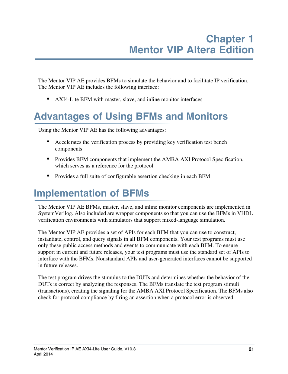 Chapter 1 mentor vip altera edition, Advantages of using bfms and monitors, Implementation of bfms | Altera Mentor Verification IP Altera Edition AMBA AXI4-Lite User Manual | Page 21 / 413