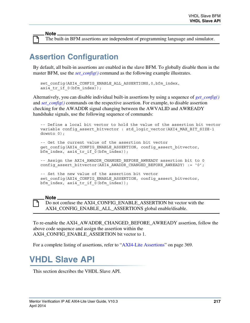 Assertion configuration, Vhdl slave api | Altera Mentor Verification IP Altera Edition AMBA AXI4-Lite User Manual | Page 217 / 413