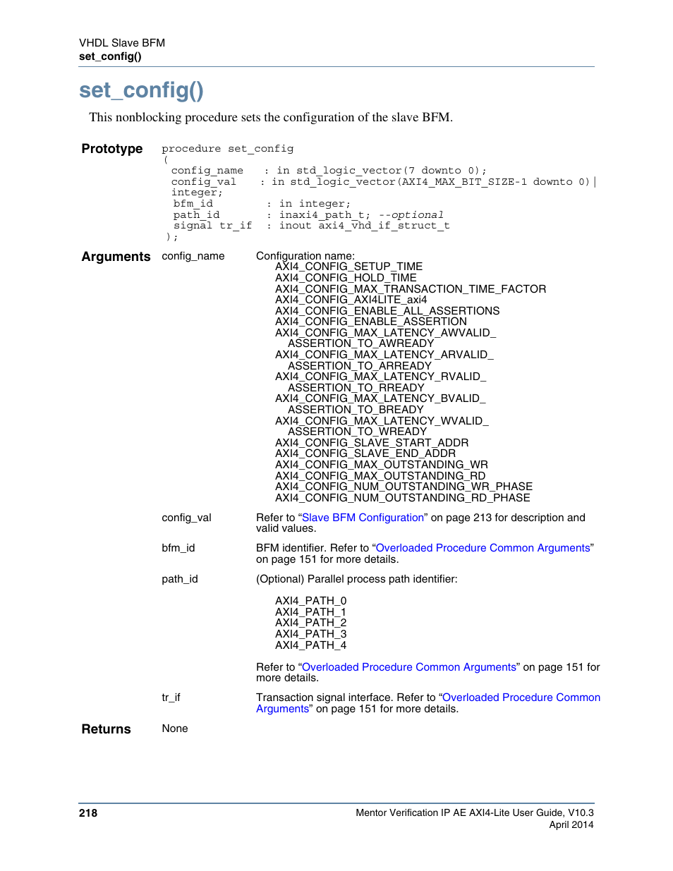 Set_config(), Elds that you can set via the, Function to configure | Command as the follow | Altera Mentor Verification IP Altera Edition AMBA AXI4-Lite User Manual | Page 218 / 413