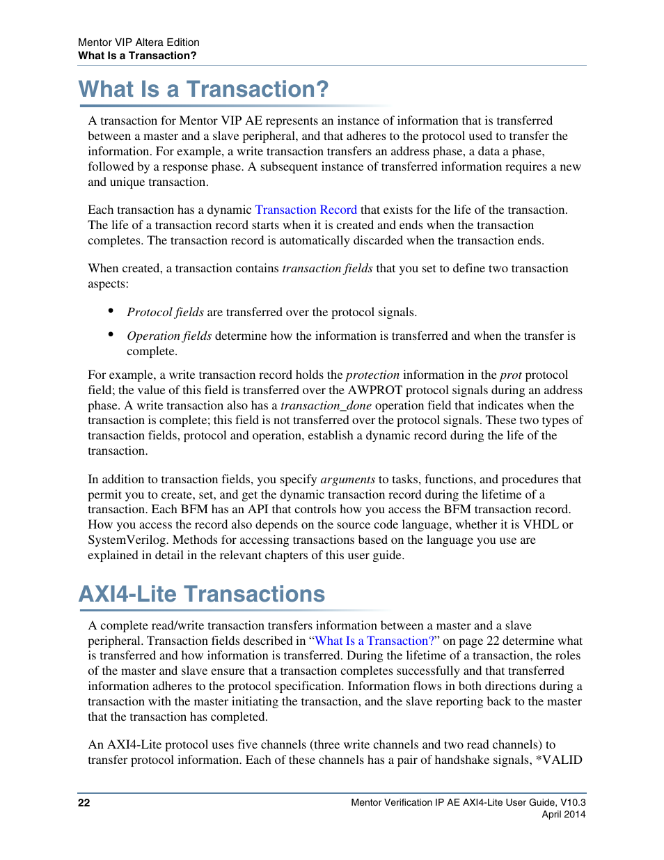 What is a transaction, Axi4-lite transactions | Altera Mentor Verification IP Altera Edition AMBA AXI4-Lite User Manual | Page 22 / 413